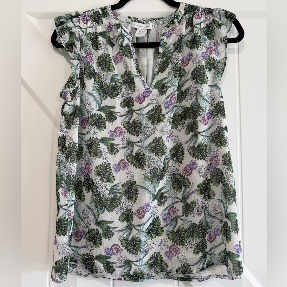 cupcakes & cashmere Green and Purple Floral Blouse